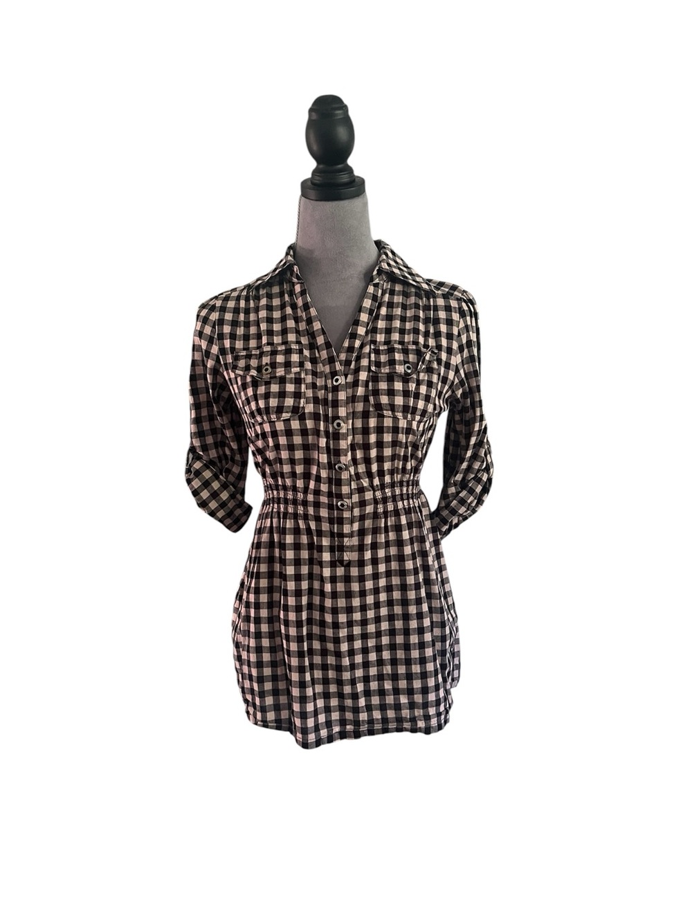 Cato Black and Cream Gingham Button-Front Tunic